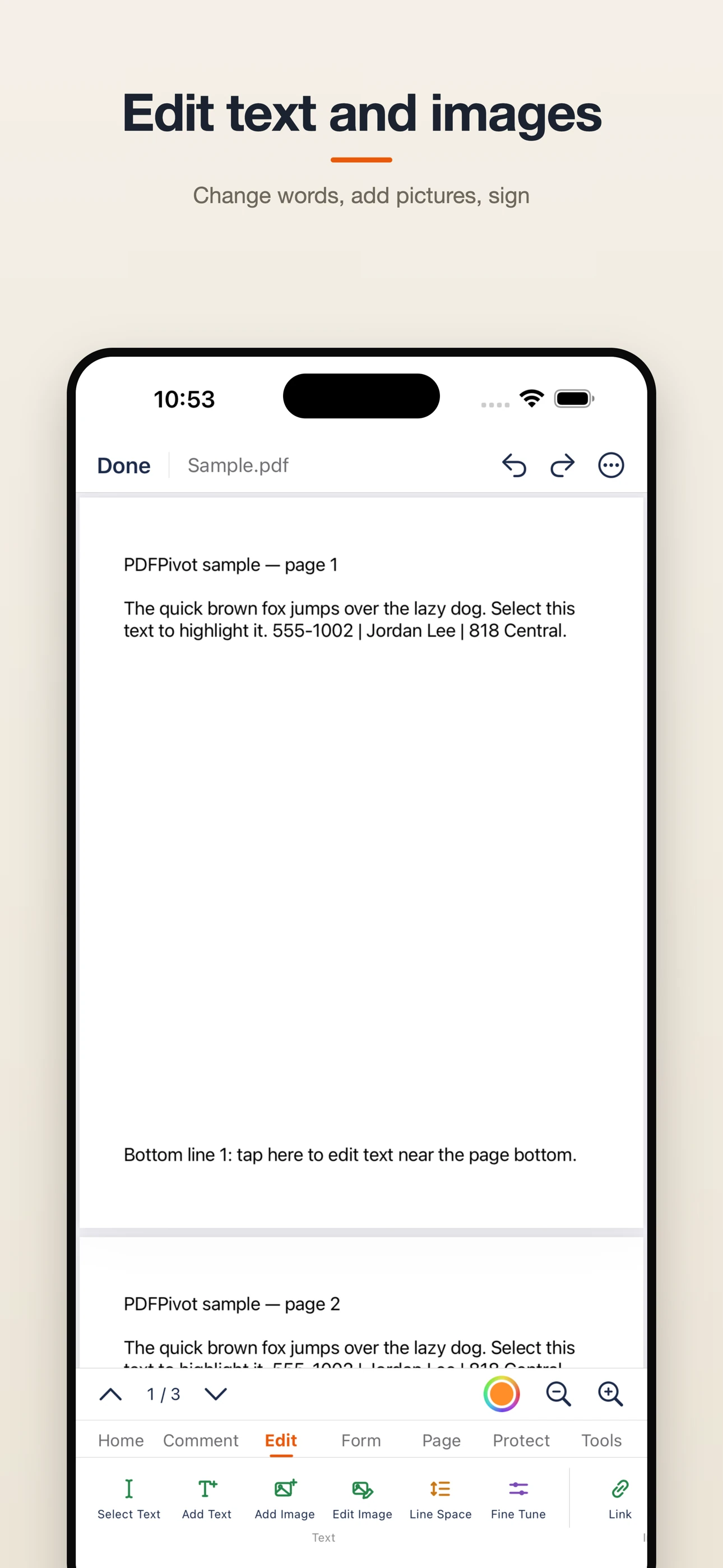 PDFPivot text and image editing tools on iPhone