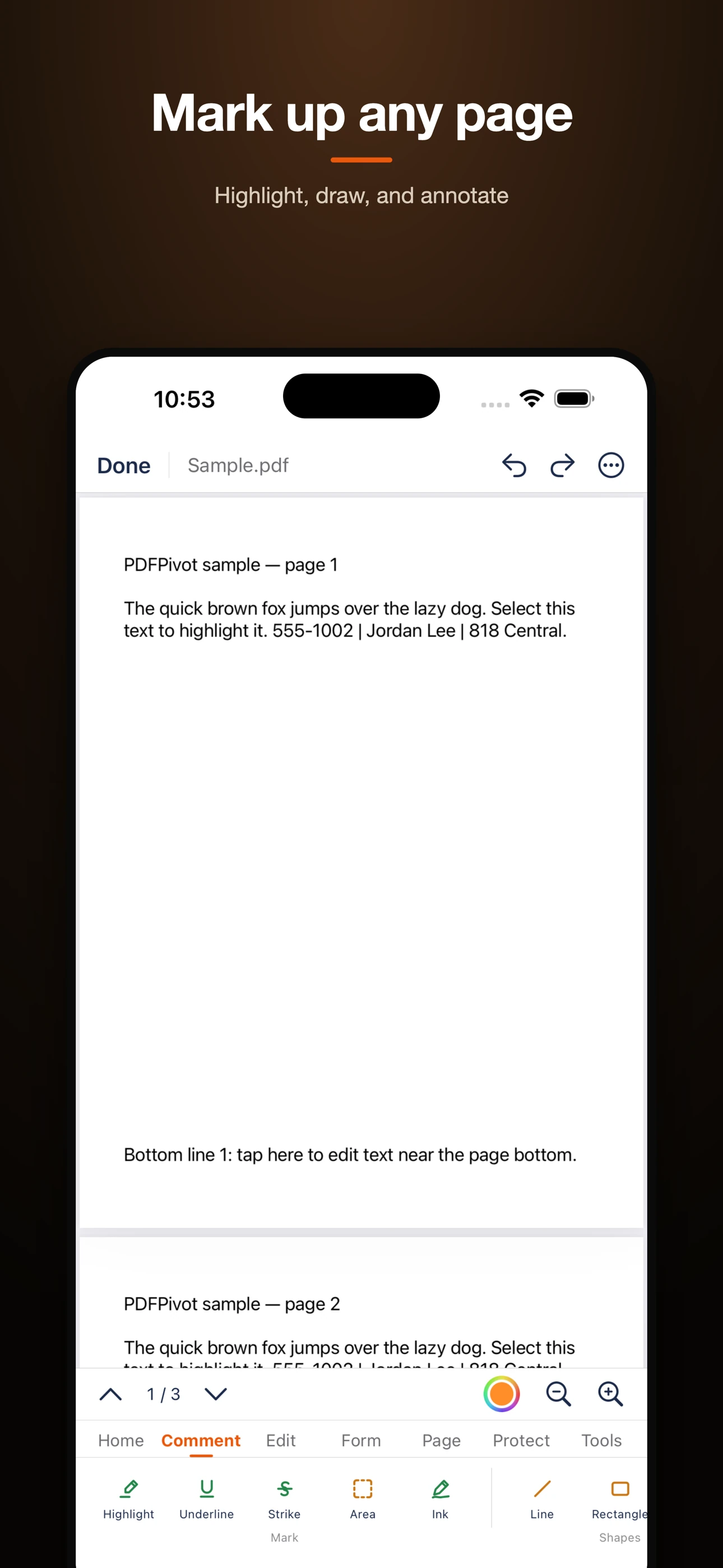 PDFPivot annotation and markup tools on iPhone