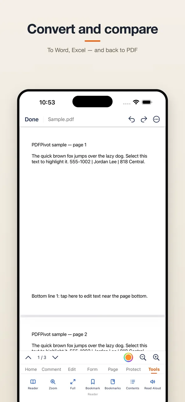 PDFPivot Werkzeuge zur Dokumentkonvertierung und zum Vergleich auf dem iPhone
