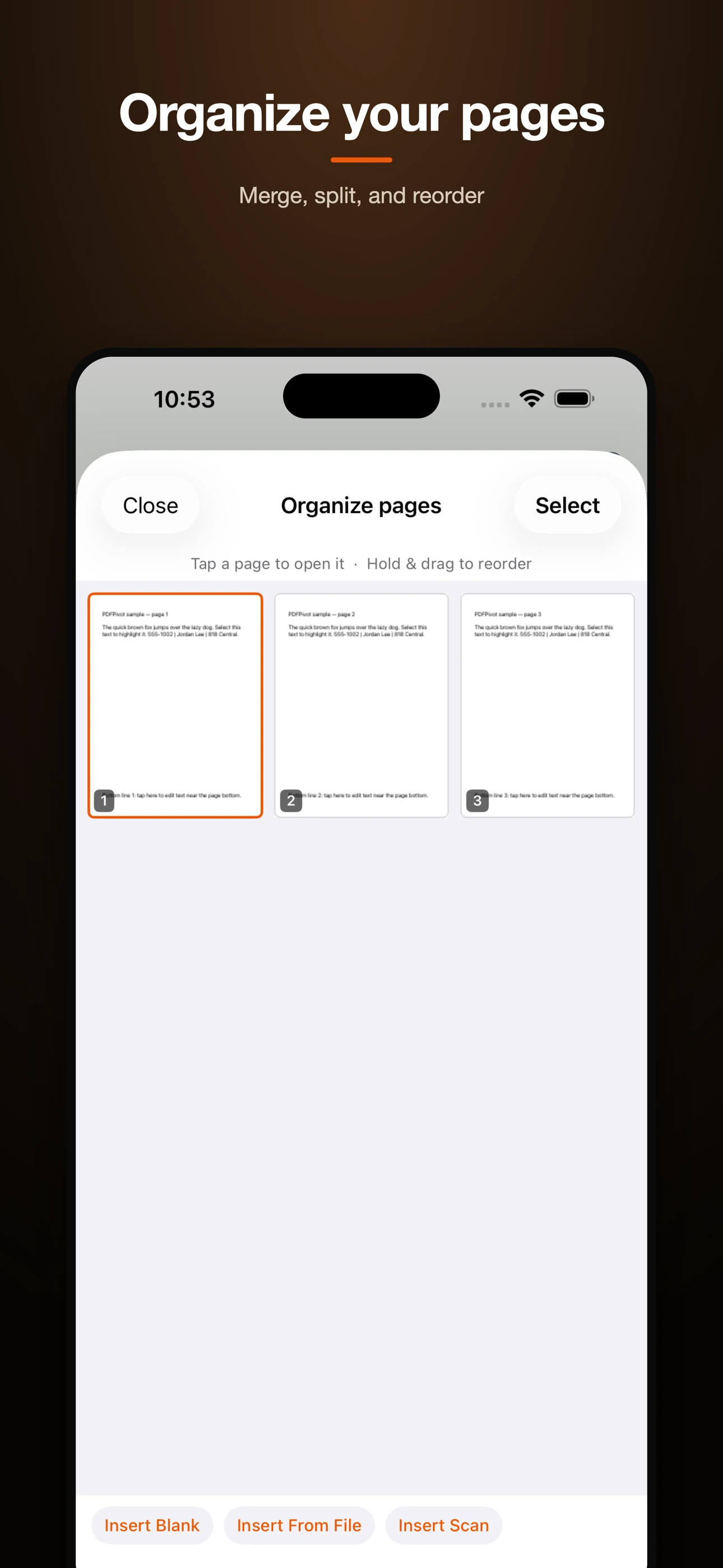PDFPivot page organization tools on iPhone