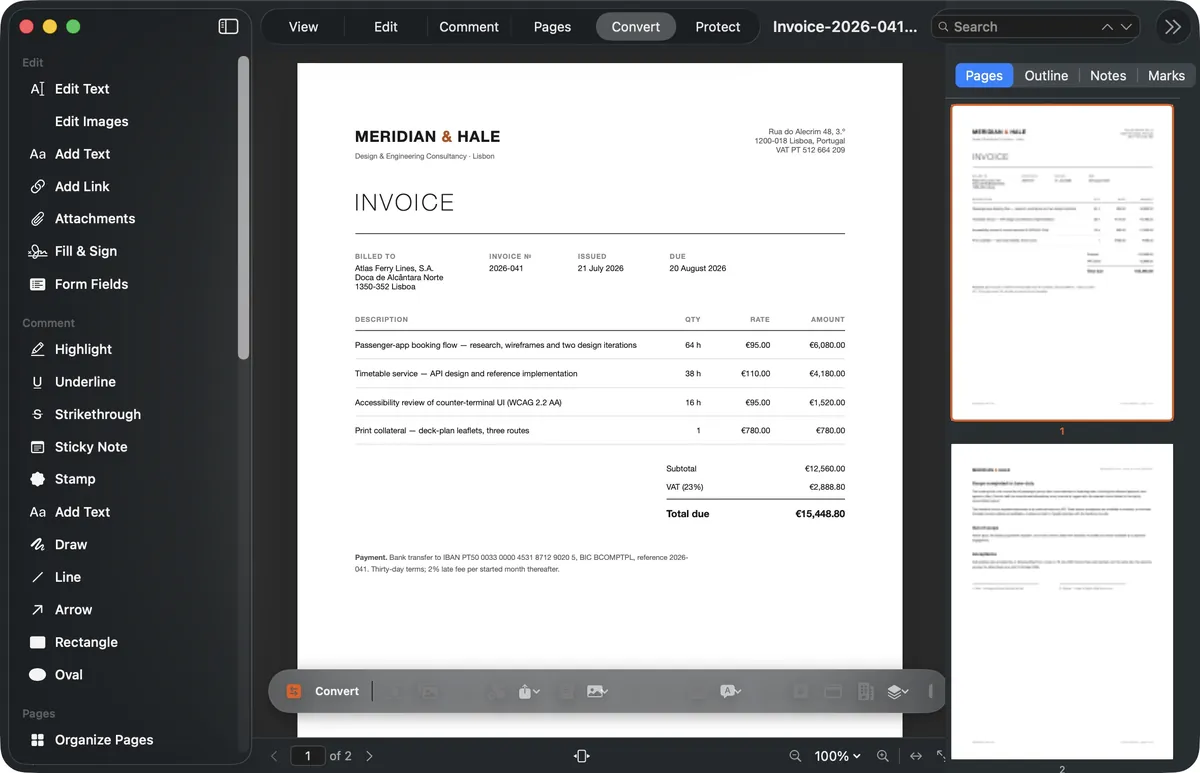 PDFPivot for Mac in Convert mode with an invoice open and the conversion toolbar showing Office export, compression and repair tools