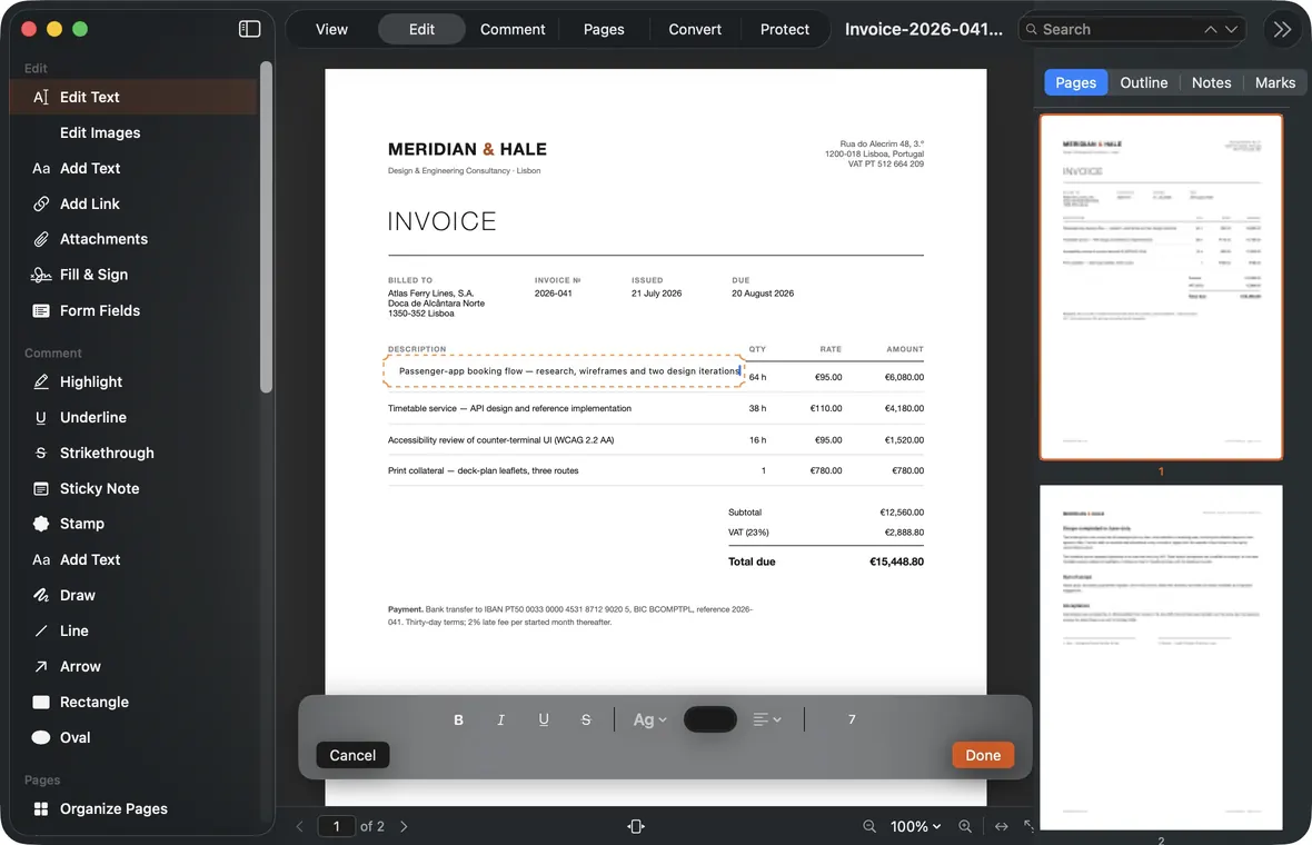 PDFPivot for Mac editing an invoice