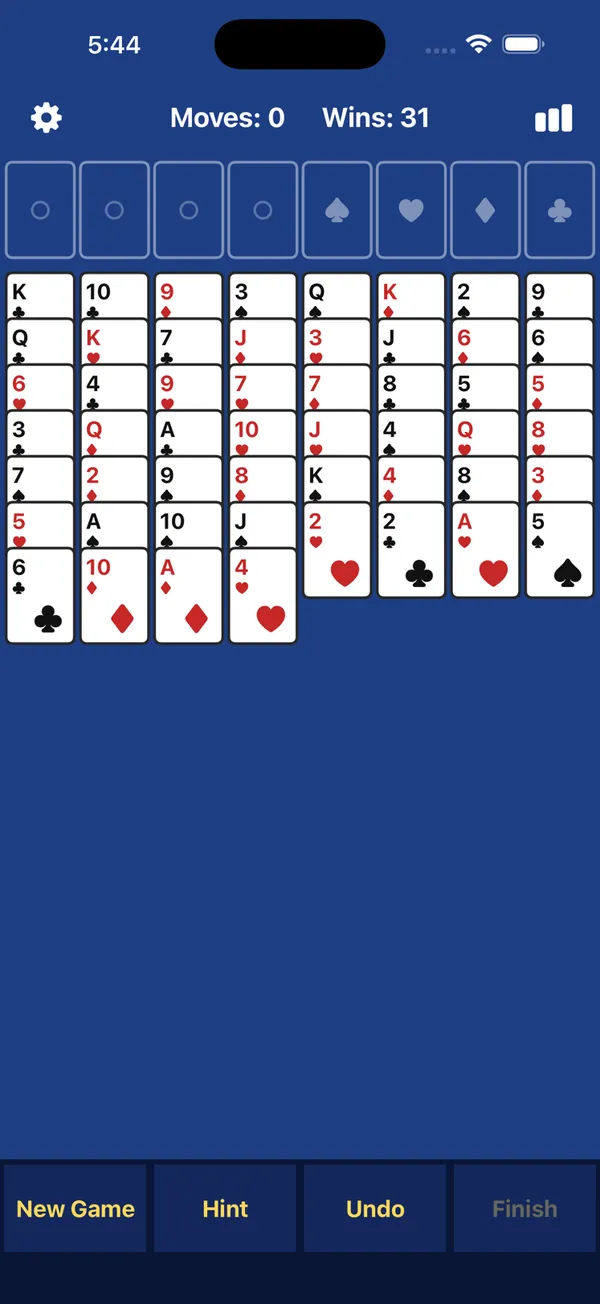 FreeCell Odyssey board on iPhone, showing extra-large playing cards