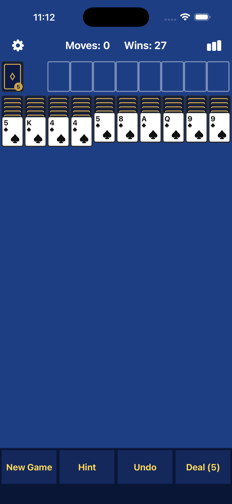 Spider Odyssey board on iPhone, showing extra-large playing cards